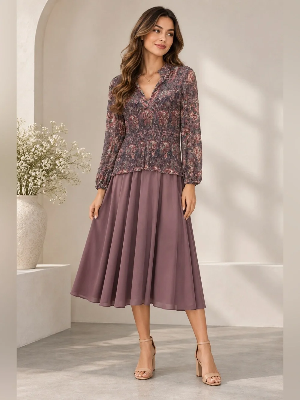 Liz Roberts Vintage Mauve Paisley Midi Dress Size 16